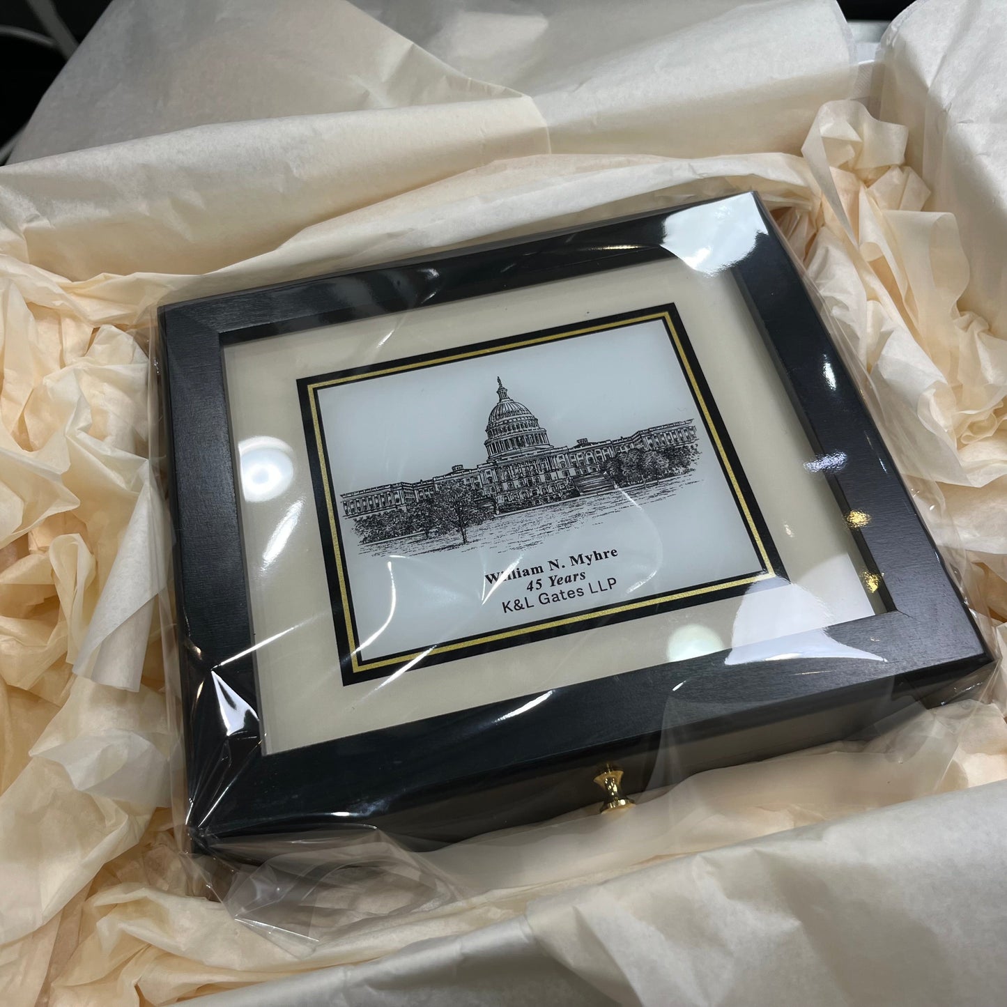 Custom Desk Box Gift | US Capitol Building | White House | DC City Scape | 8.5 by 7 by 2.75 inches | Black Stain with Pen & Ink Drawing & Personalization