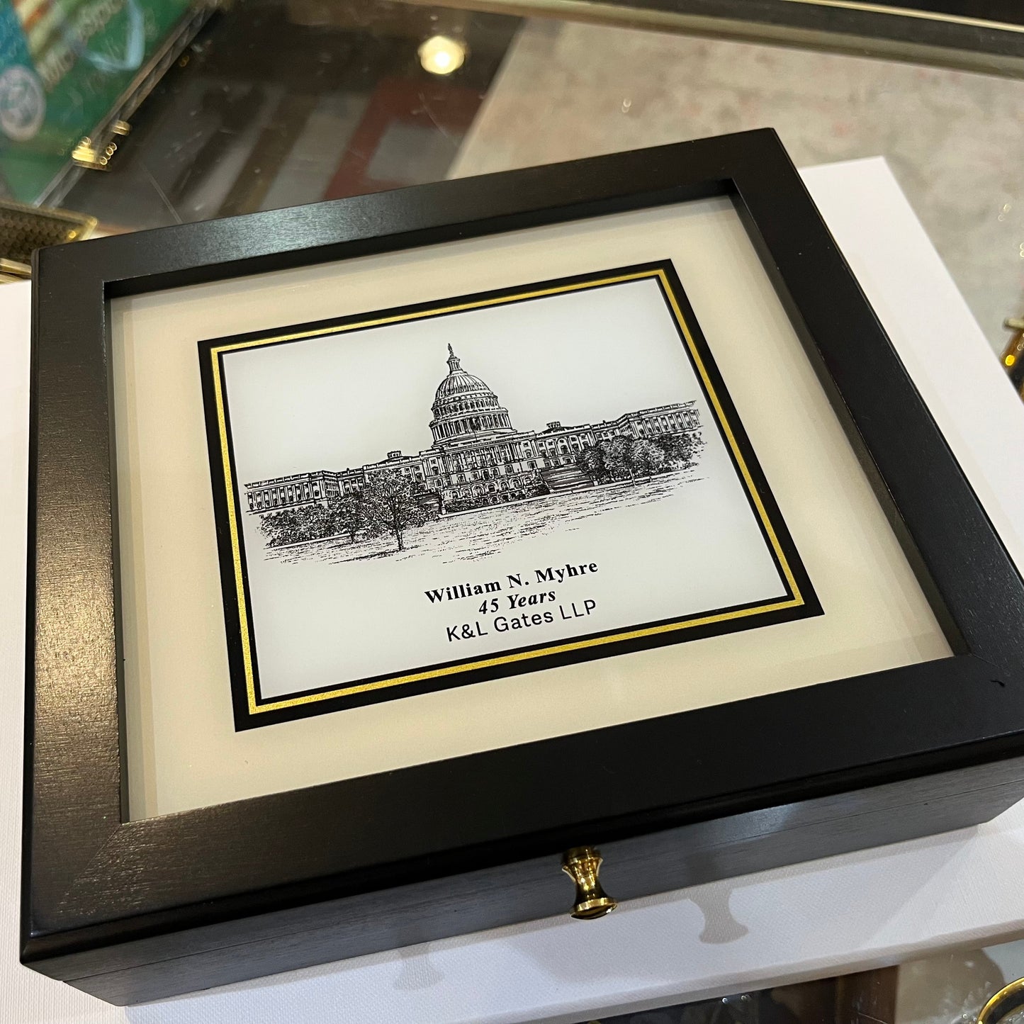Custom Desk Box Gift | US Capitol Building | White House | DC City Scape | 8.5 by 7 by 2.75 inches | Black Stain with Pen & Ink Drawing & Personalization