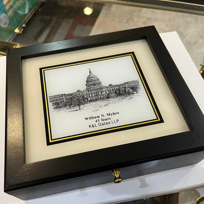 Custom Desk Box Gift | US Capitol Building | White House | DC City Scape | 8.5 by 7 by 2.75 inches | Black Stain with Pen & Ink Drawing & Personalization