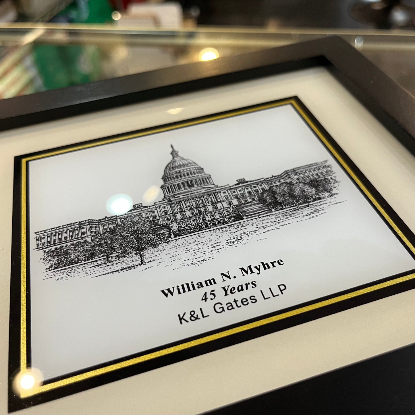 Custom Desk Box Gift | US Capitol Building | White House | DC City Scape | 8.5 by 7 by 2.75 inches | Black Stain with Pen & Ink Drawing & Personalization