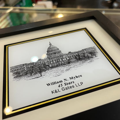 Custom Desk Box Gift | US Capitol Building | White House | DC City Scape | 8.5 by 7 by 2.75 inches | Black Stain with Pen & Ink Drawing & Personalization