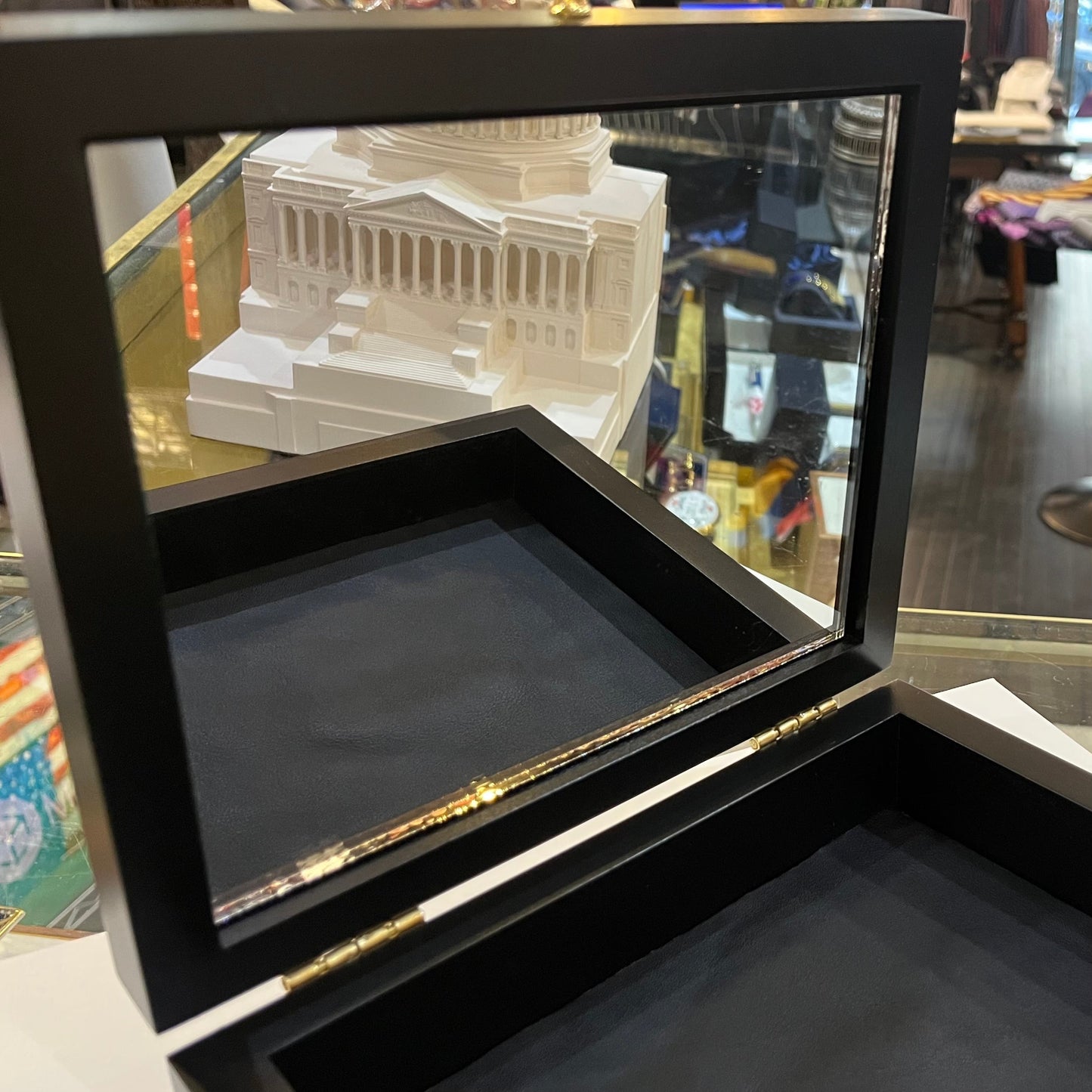 Custom Desk Box Gift | US Capitol Building | White House | DC City Scape | 8.5 by 7 by 2.75 inches | Black Stain with Pen & Ink Drawing & Personalization