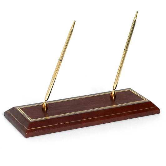 Burgundy Leather Double Pen Holder | Desk Pen Stand | Quality Leather with Gold Tooling