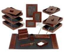 Brown Leather Desk Accessories | Hand Made in NY | Luxury Leather Desk Accessories with Gold Tooling