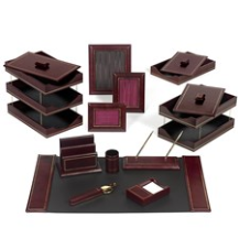 Burgundy Leather Desk Accessories | Hand Made in NYC | Luxury Leather Desk Accessories with Gold Tooling
