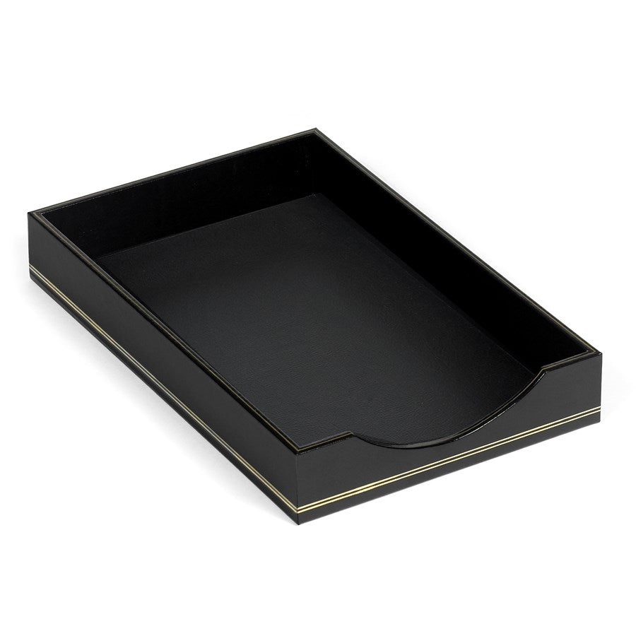 Black Leather Letter Tray | Leather Letter Tray for Traditional Desk with Gold Tooling