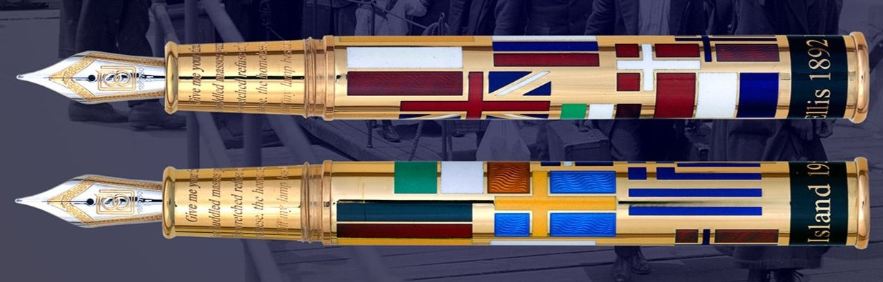 Bespoke Luxury Pens ~ Ellis Island Fountain Pen ~ Gold and Multi Colour Enamel ~ Custom Writing Instruments ~ Hand Manufactured in England by David Oscarson
