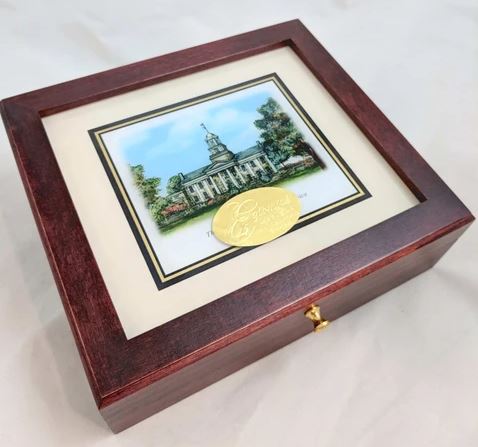 Eglomise Designs Custom Desk Boxes | Solid Cherry | Eglomise Image | Small: 8.5" x 7.5" x 2.5"