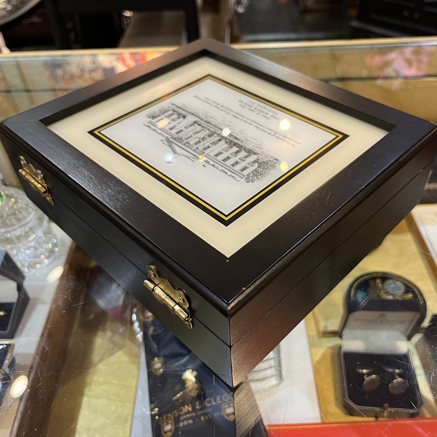 Custom Desk Box Gift | US Capitol Building | White House | DC City Scape | 8.5 by 7 by 2.75 inches | Black Stain with Pen & Ink Drawing & Personalization
