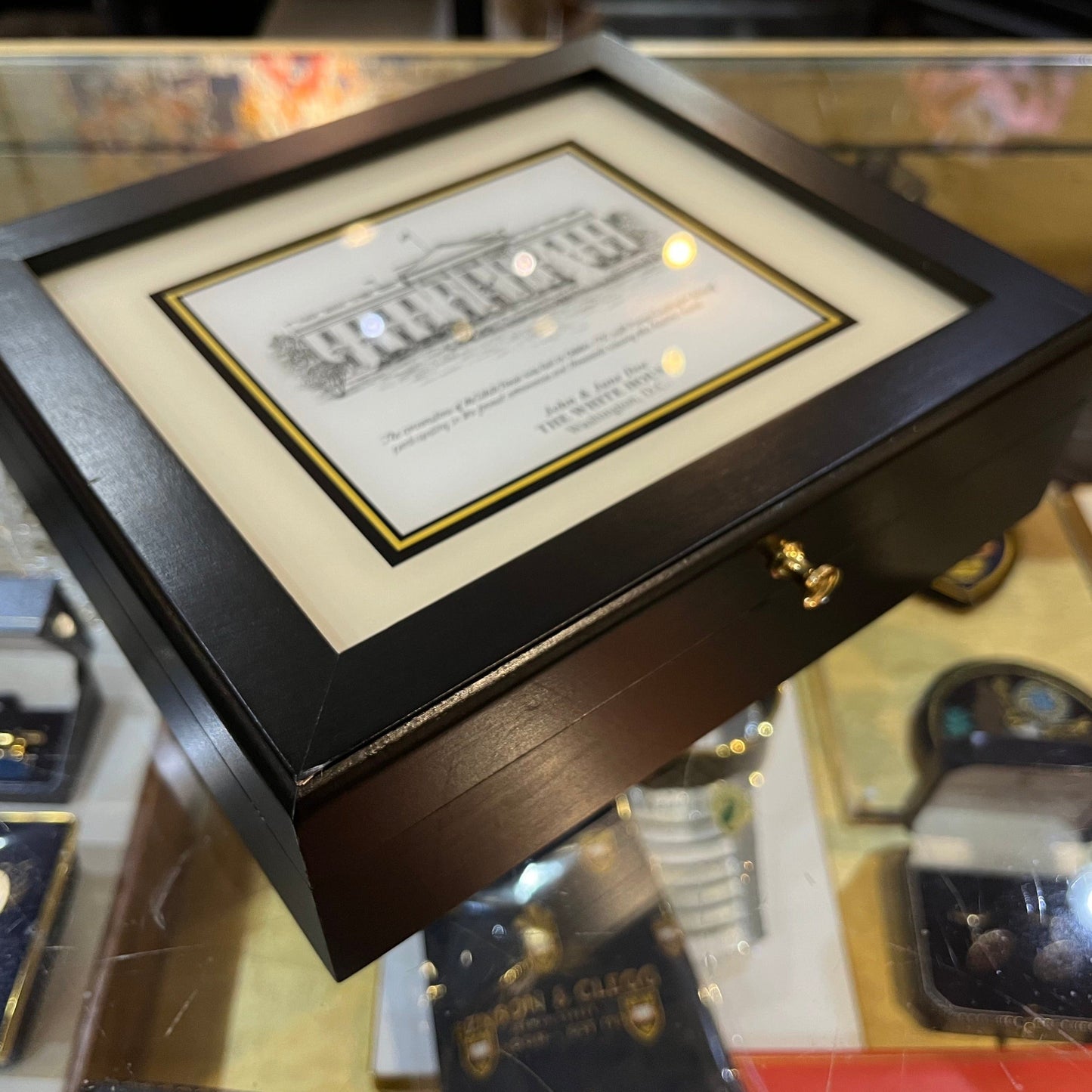 Custom Desk Box Gift | US Capitol Building | White House | DC City Scape | 8.5 by 7 by 2.75 inches | Black Stain with Pen & Ink Drawing & Personalization