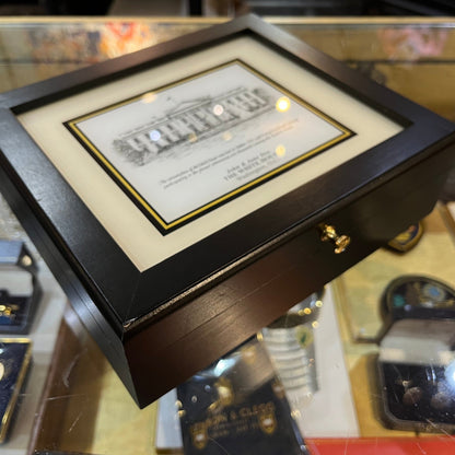 Custom Desk Box Gift | US Capitol Building | White House | DC City Scape | 8.5 by 7 by 2.75 inches | Black Stain with Pen & Ink Drawing & Personalization