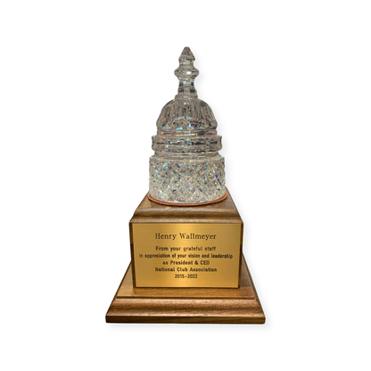 Waterford Crystal Capitol Dome Award on Walnut Base | Brass Plate Engraved | National Club Association | June 2022 | Henry Wallmeyer