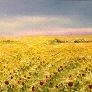 Art | Sun Flower Oil Painting | Walking In Sunshine With You II | Original Oil Painting | Custom Frame | 31.5 by 16.5 Inches | Sold