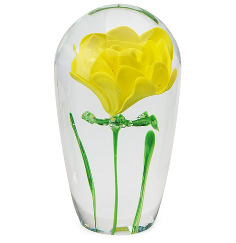 Glass Paperweight with Yellow Rose | Hand Blown Glass | Artist Signed | Glass Paperweight | Engraved | Handmade in USA