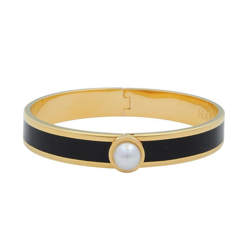 Halcyon Days 1cm Cabochon Pearl Hinged Enamel Bangle in Black and Gold-Jewelry-Sterling-and-Burke