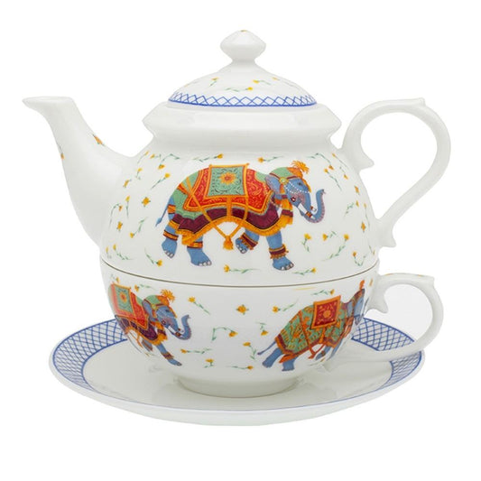 Halcyon Days Ceremonial Indian Elephant Tea for One in White-Bone China-Sterling-and-Burke
