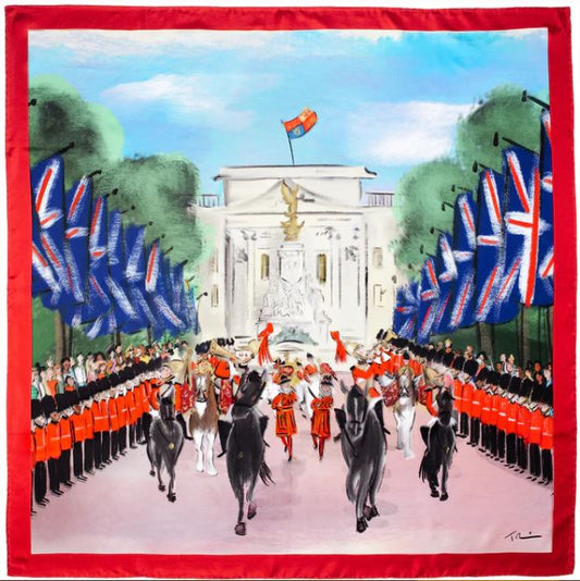 Halcyon Days | King's Coronation Silk Scarf | Trooping the Colour | Red, Black, Navy, Gold, White | 36 by 36 Inches