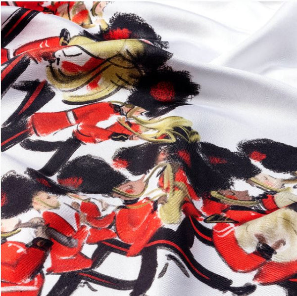 Halcyon Days | King's Coronation Silk Scarf | Marching the Mall | Red, Black, Gold, White | 36 by 36 Inches