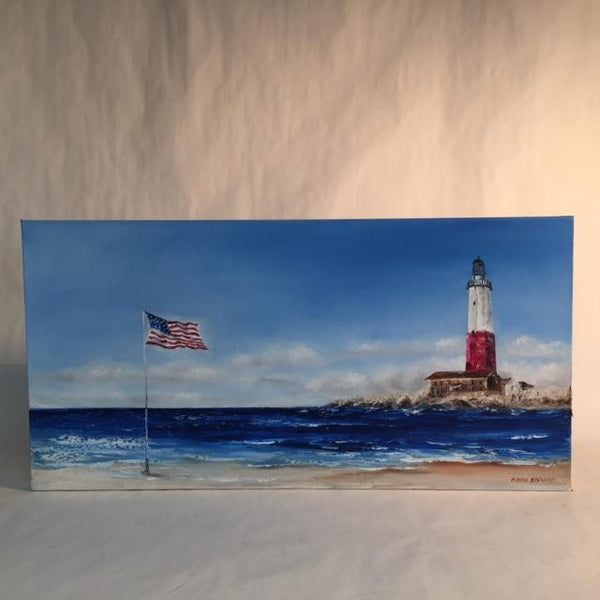 Commissioned Art | Original Oil Painting | Ocean and Lighthouse | Claire Howard | Single Horizontal Painting | 15 by 31 Inches-Oil Painting-Sterling-and-Burke