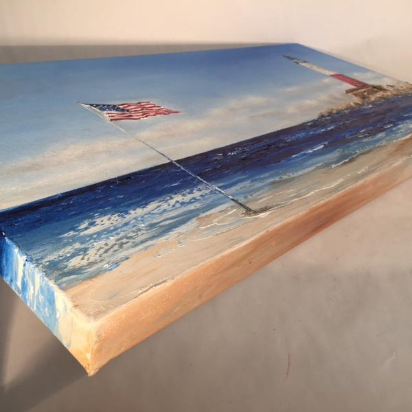 Commissioned Art | Original Oil Painting | Ocean and Lighthouse | Claire Howard | Single Horizontal Painting | 15 by 31 Inches-Oil Painting-Sterling-and-Burke