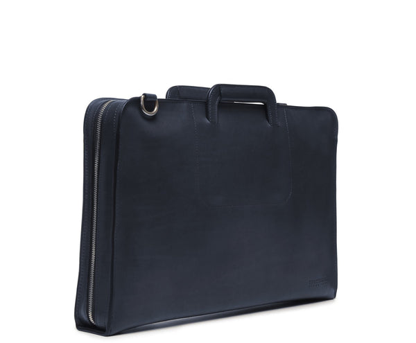 The Jackson 17" Leather Brief Bag with Zipper | Full Grain Leather | Made in USA | Korchmar | Biden Blue Leather with Nickel Fittings
