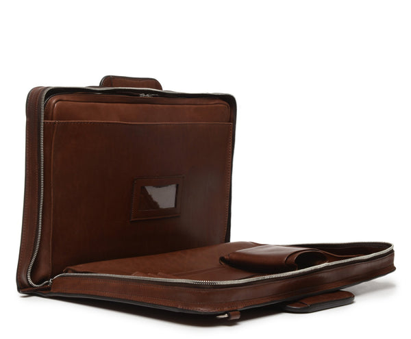 The Jackson 17" Leather Brief Bag with Zipper | Full Grain Leather | Made in USA | Korchmar | Biden Blue Leather with Nickel Fittings
