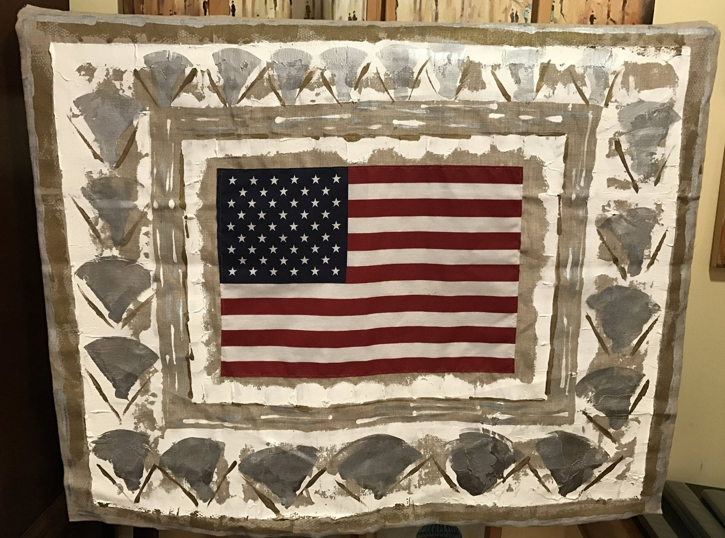 Burlap Flag No.259 | Original Oil Painting with 50 Star American Flag on Burlap by Laura Roosevelt | 32" x 39"-Mixed Media-Sterling-and-Burke