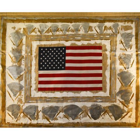 Burlap Flag No.259 | Original Oil Painting with 50 Star American Flag on Burlap by Laura Roosevelt | 32" x 39"-Mixed Media-Sterling-and-Burke