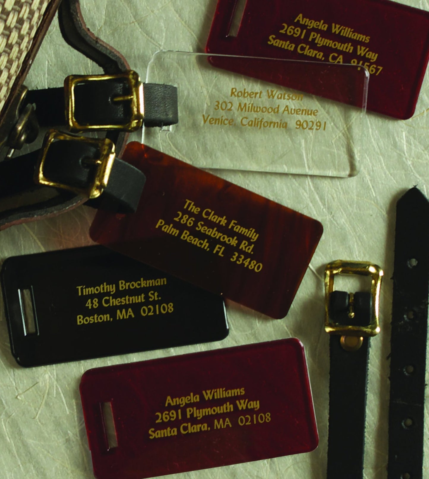 Luggage Tag | Lucite | Acrylic with Leather Strap | Classic Tortoise Acrylic with Gold | Clear with Gold | Burgundy with Gold-Luggage Tag-Sterling-and-Burke