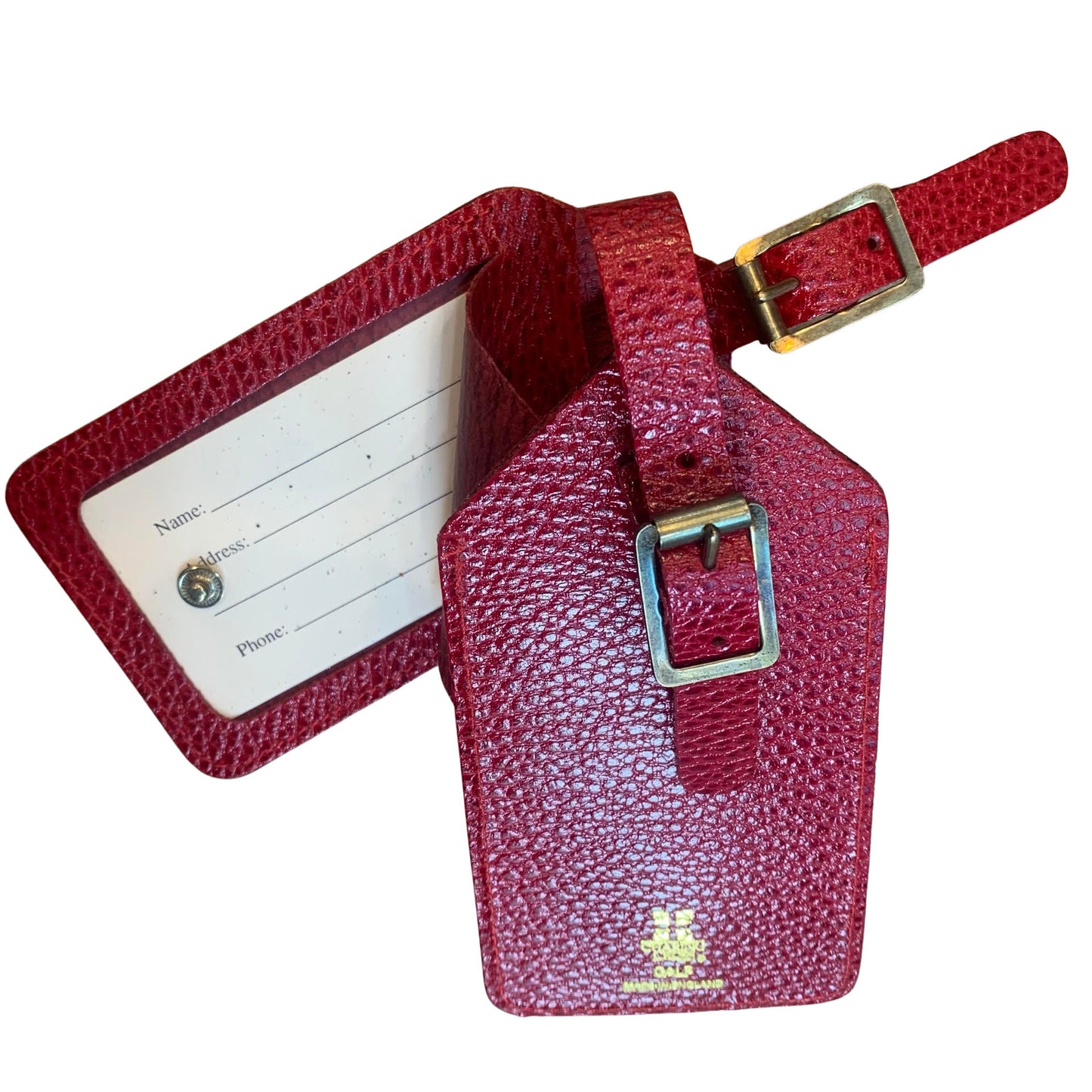 Leather Luggage Tag by Charing Cross, Textured Calf Leather, Deep Red and Dark Green