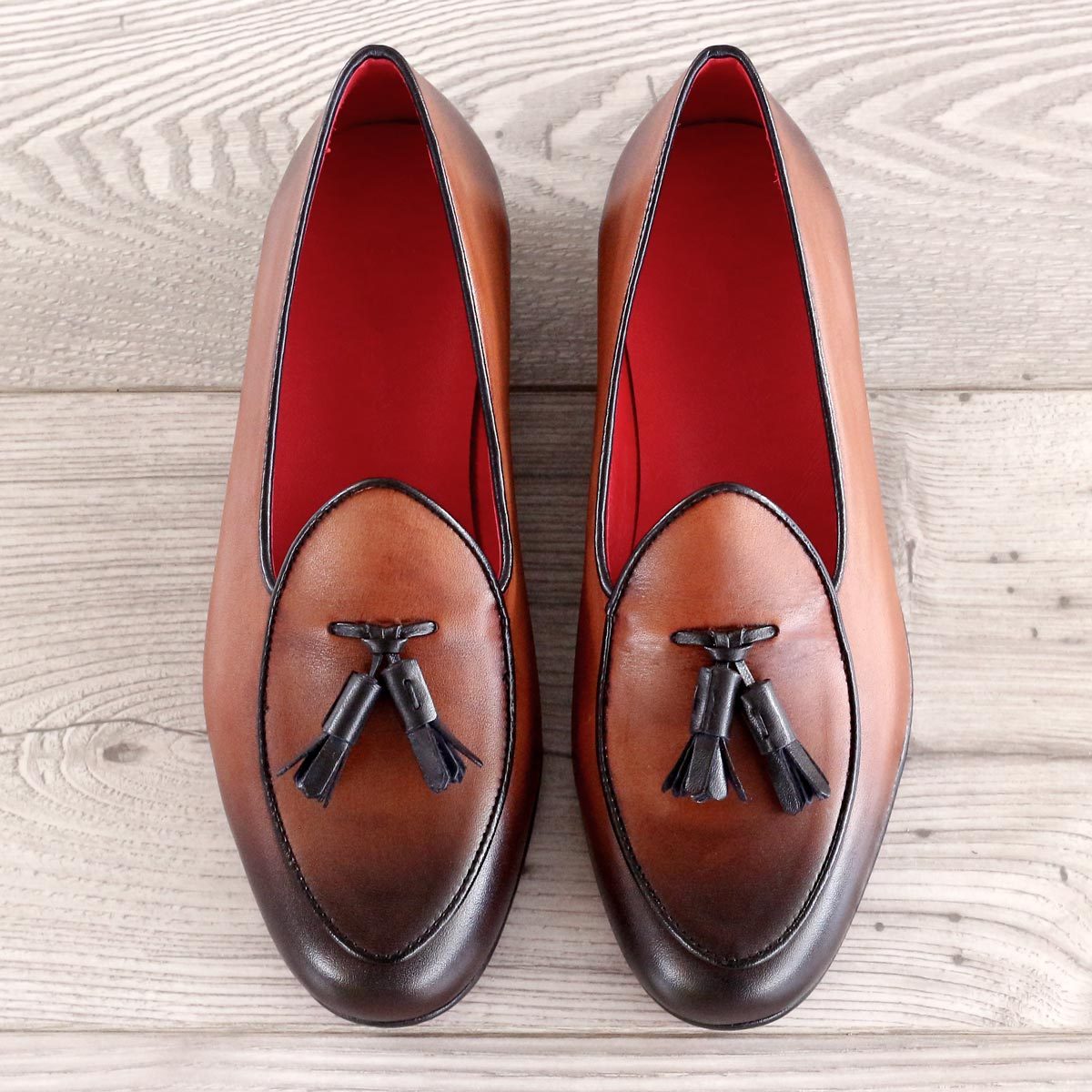 Custom Luxury Belgian Slipper Shoes | MTO in Spain | Black Calf and Cognac Painted Calf with Leather Trim and Bow | Extraordinary Quality | Sterling and Burke-Bespoke Shoes-Sterling-and-Burke