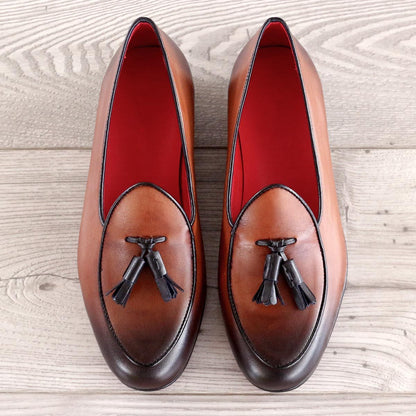 Custom Luxury Belgian Slipper Shoes | MTO in Spain | Black Calf and Cognac Painted Calf with Leather Trim and Bow | Extraordinary Quality | Sterling and Burke-Bespoke Shoes-Sterling-and-Burke