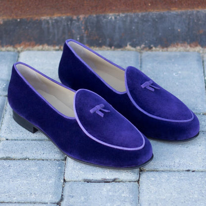 Custom Belgian Slipper Shoes | Royal Blue Velvet with Blue Suede Leather Trim and Bow | Extraordinary Quality | Sterling and Burke-Bespoke Shoes-Sterling-and-Burke