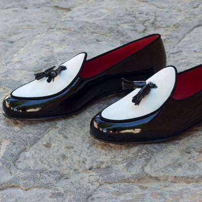 Custom Luxury Belgian Slipper Shoes | MTO in Spain | Black Patent Leather Calf with White Suede Leather Trim and Bow | Extraordinary Quality | Sterling and Burke-Bespoke Shoes-Sterling-and-Burke