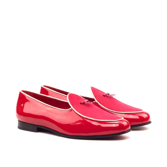 Custom Luxury Belgian Slipper Shoes | MTO in Spain | Red Suede Leather Calf with White Leather Trim and Bow | Extraordinary Quality | Sterling and Burke-Bespoke Shoes-Sterling-and-Burke