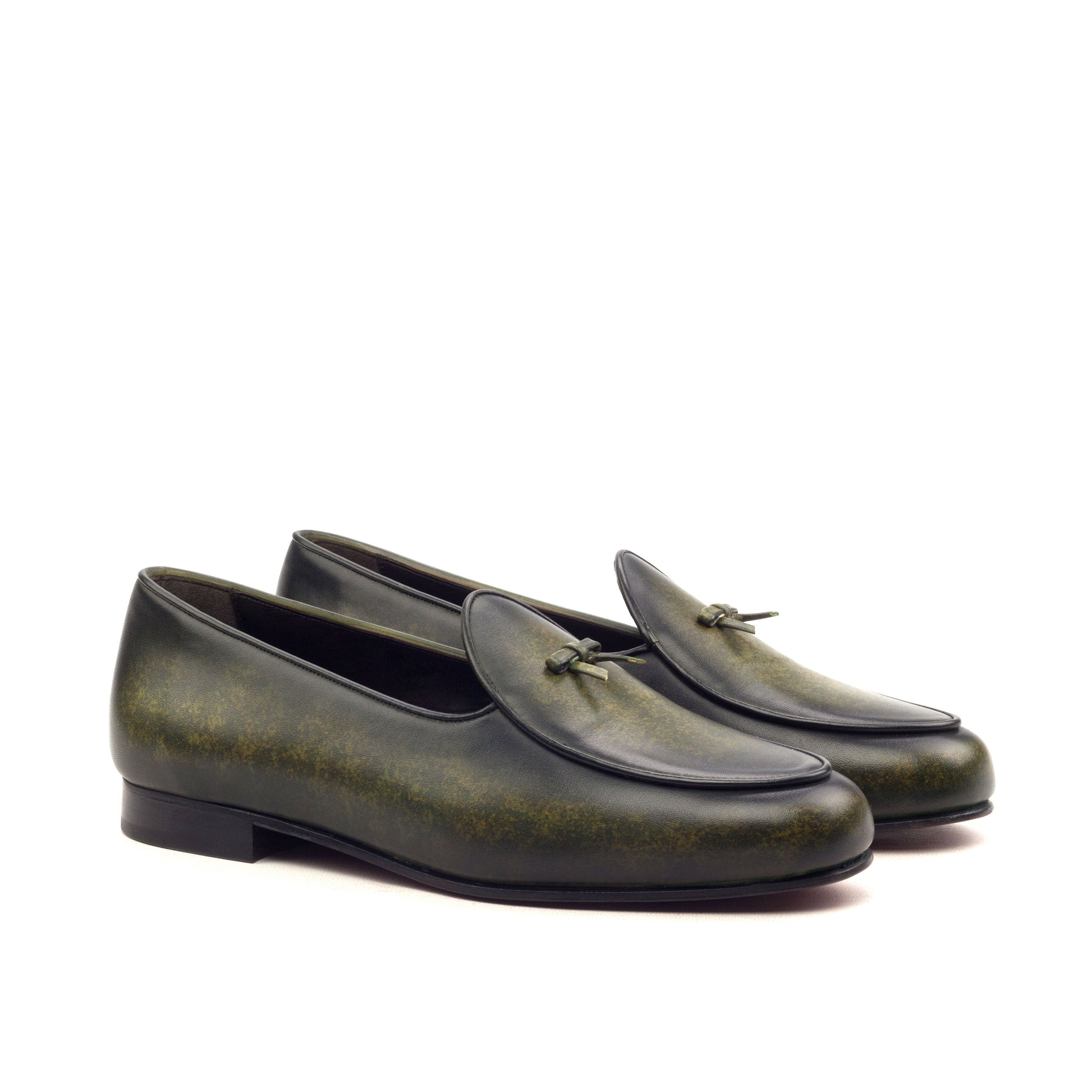 Custom Belgian Slipper Shoes | Khaki Crust Patina Calf Leather with Calf Leather Trim and Bow | Extraordinary Quality | Sterling and Burke-Bespoke Shoes-Sterling-and-Burke