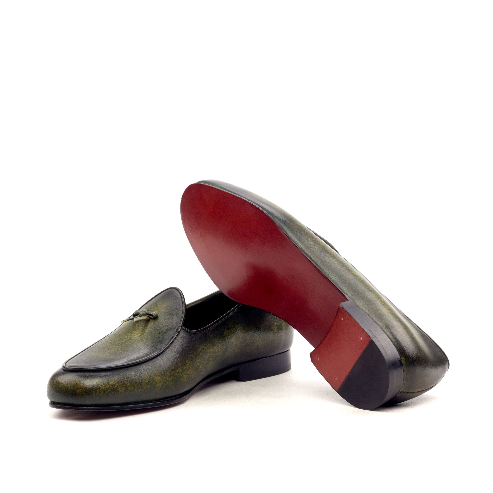 Custom Belgian Slipper Shoes | Khaki Crust Patina Calf Leather with Calf Leather Trim and Bow | Extraordinary Quality | Sterling and Burke-Bespoke Shoes-Sterling-and-Burke