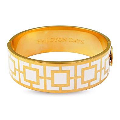 Halcyon Days 19mm Maya Hinged Enamel Bangle in Cream and Gold-Jewelry-Sterling-and-Burke