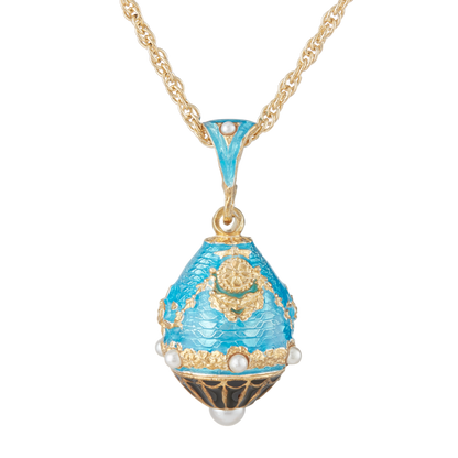 White House Portico | Vermeil and Enamel Egg Pendant with Seed Pearls and Chain Necklace | Light Blue