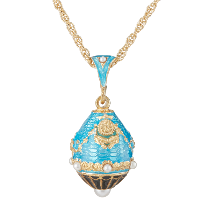 White House Portico | Vermeil and Enamel Egg Pendant with Seed Pearls and Chain Necklace | Light Blue