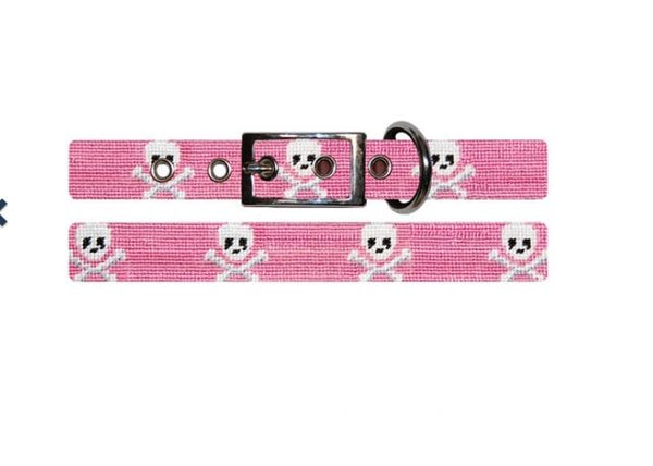 Needlepoint Dog Collar | Custom Size | Skull and Cross Bone Collection | Jolly Roger Needlepoint Dog Collar