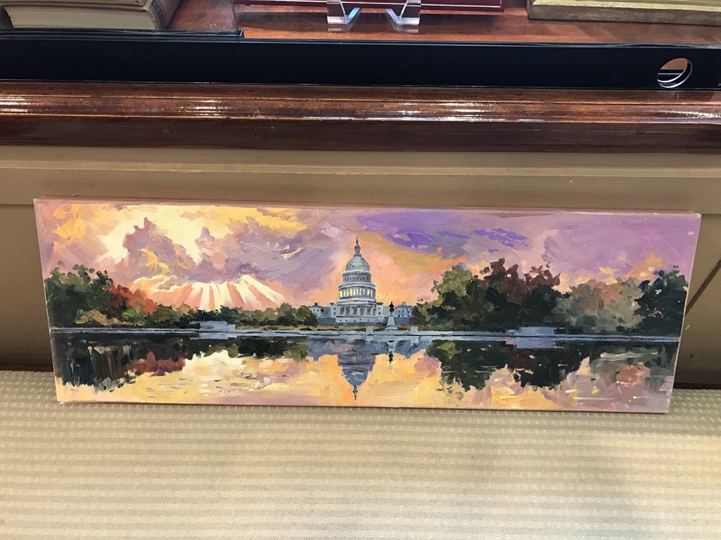 Sun Setting Before The Capitol | Washington, DC Art | Original Oil and Acrylic Painting on Canvas by Zachary Sasim | 8" by 24" | Commission