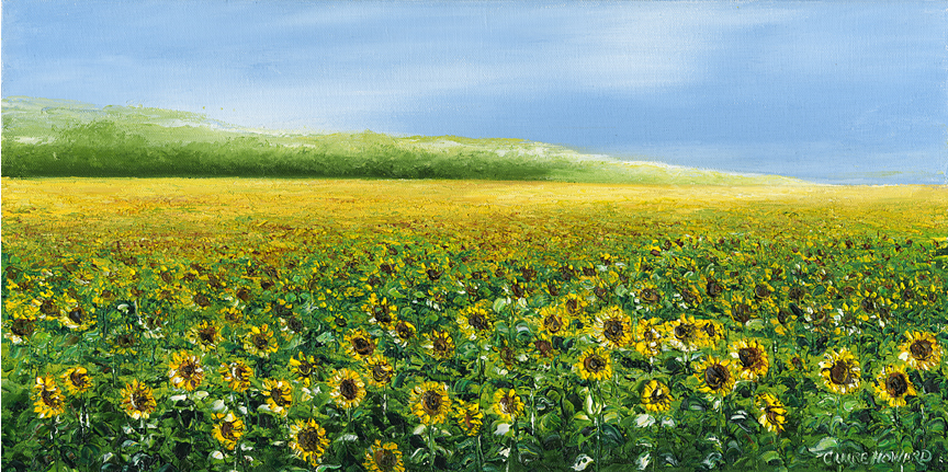 Art | Spring Sunshine | Field of Sunflowers | Original Oil Painting by Claire Howard | 30" x 60"-Oil Painting-Sterling-and-Burke