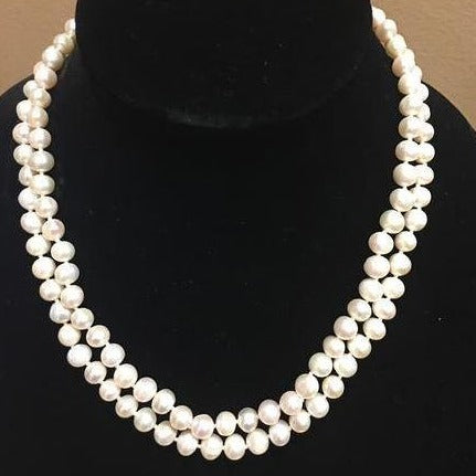 Pearl Necklace | Fresh Water Pearls | Double Strand | Hand Knotted Pearls | 18" Necklace | 7mm | Silver Clasp | Ivory