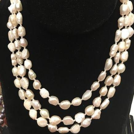 Pearl Necklace | Fresh Water Pearls | Single Strand | Hand Knotted Pearls | 47" Necklace | 7mm | Silver Clasp | Ivory