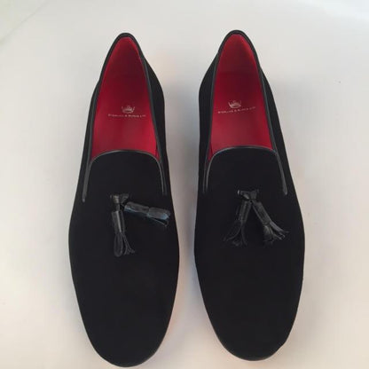 Custom Prince Albert Tassel Slipper Shoes | Velvet with Leather Trim | Highest Quality | Sterling and Burke | Red-Bespoke Shoes-Sterling-and-Burke