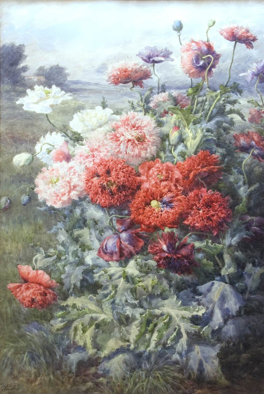 Antique Watercolor Painting | Peonies by Francois Rivoire | 47.5 by 35 Inches-Watercolor-Sterling-and-Burke
