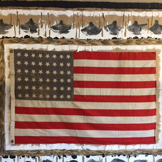Burlap Flag No. 214 | Original Oil Painting with Vintage Roosevelt American Flag on Burlap by Laura Roosevelt | 52" x 66"-Burlap Acrylic-Sterling-and-Burke