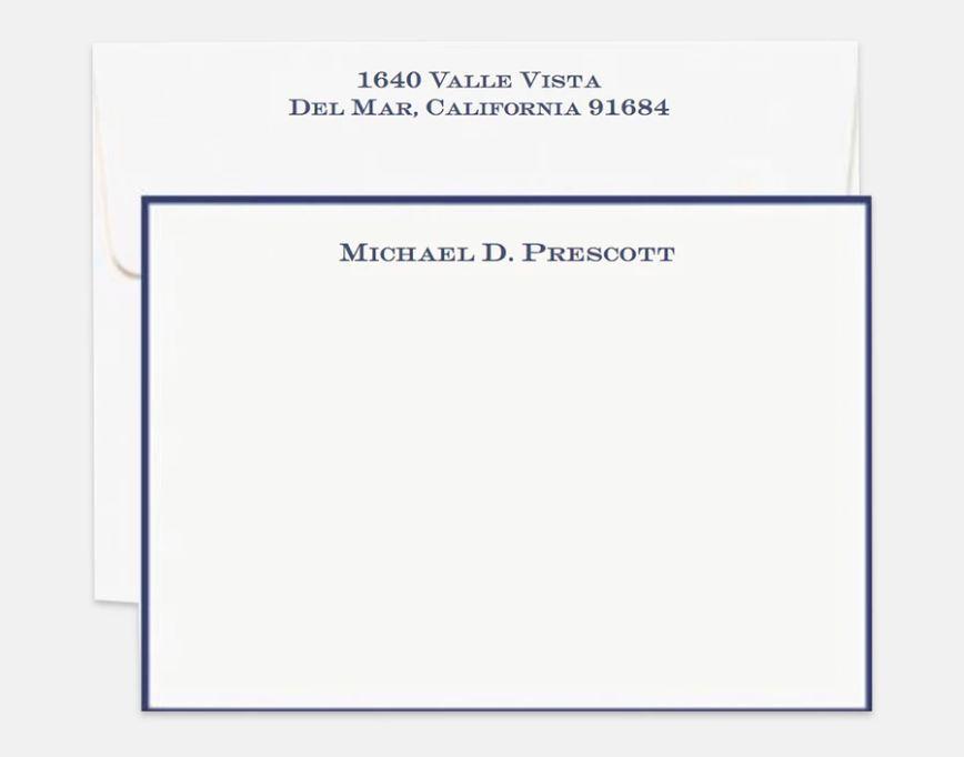 Custom Stationery | Well Priced / Nice Quality | Personal Stationery | Correspondence Cards | Navy Blue Border | Lined Envelope | Personalization with Address and Stationery Box | Thermography-Custom Stationery-Sterling-and-Burke