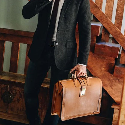Churchill | Classic Top Frame Leather | Korchmar Lawyers Briefcase | Tan and Black